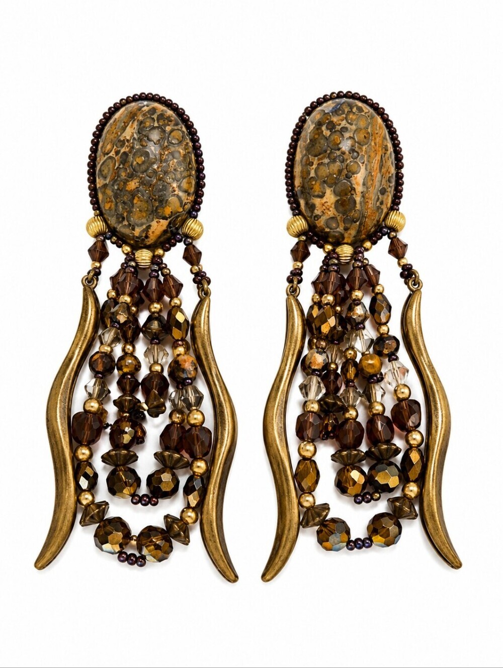 Vtg CHIPITA 1980s Southwestern Jasper and Glass Beaded Clip-on  Earrings